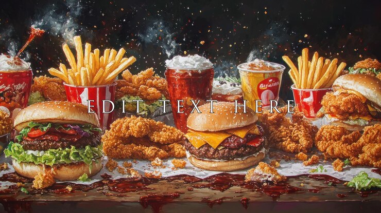 PSD pyszne fast foody, hamburgery, frytki, kurczaki i napoje.