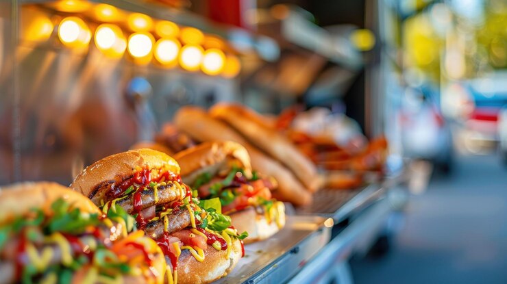 PSD pyszne hamburgery i hot-dogi w ciężarówce z jedzeniem.