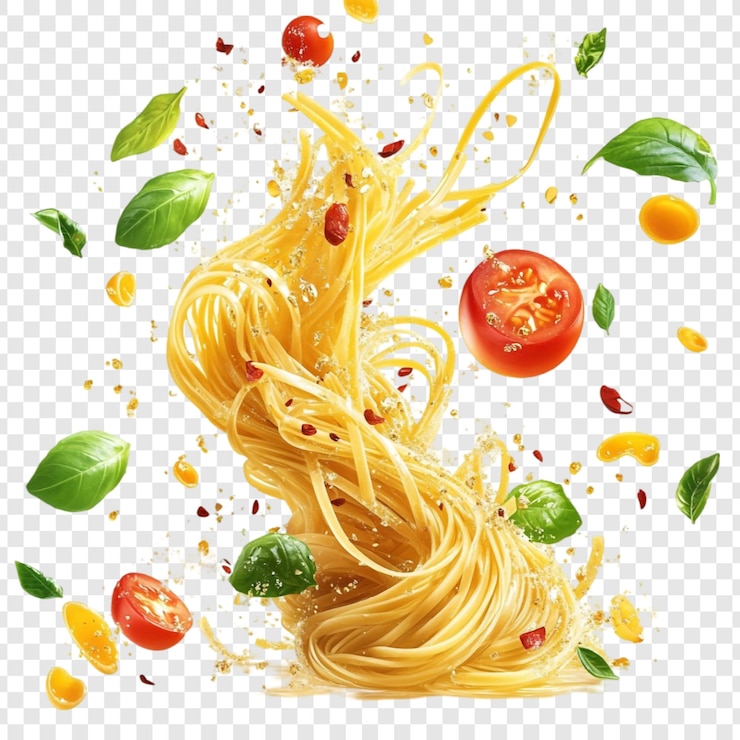 PSD pyszne makarony spaghetti latające w powietrzu z pomidorami bazylią i przyprawami kulinarna rozkosz