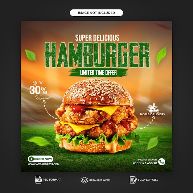 Pyszne menu z burgerami Promocja w mediach społecznościowych i szablon postu na facebooku lub instagramie