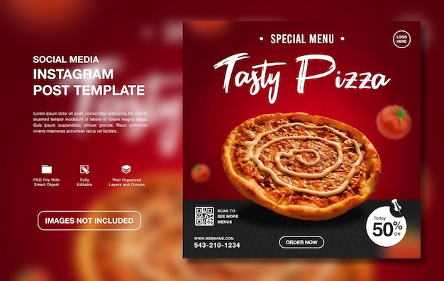 PSD pyszne menu z pizzą na instagramie szablon mediów społecznościowych