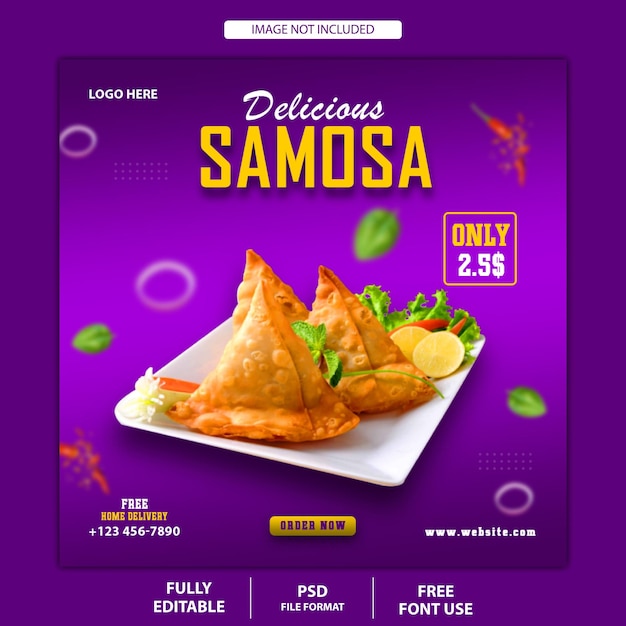 Pyszne Samosa I Menu żywności Post W Mediach Społecznościowych I Baner