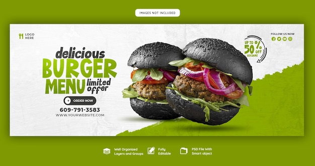 Pyszny burger i jedzenie szablon okładki facebook