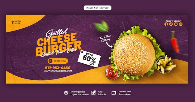 Pyszny burger i jedzenie szablon okładki facebook