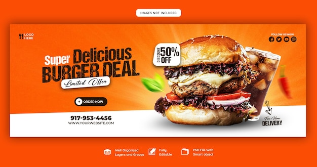 Pyszny burger i jedzenie szablon okładki facebook