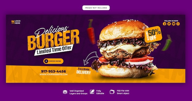 Pyszny burger i jedzenie szablon okładki facebook