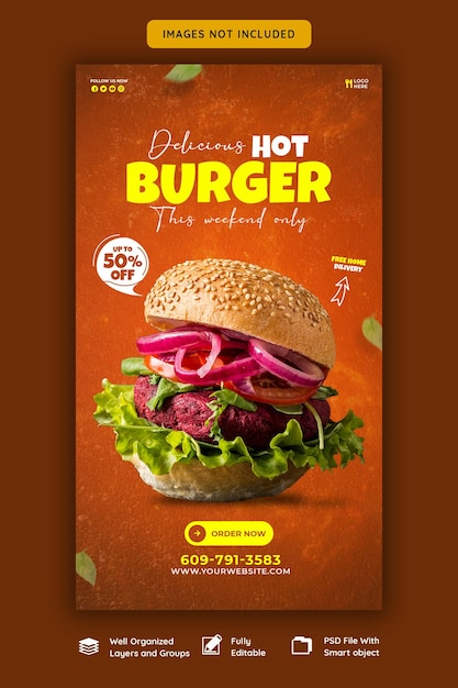 Pyszny burger i menu żywności Szablon historii na Instagramie i Facebooku