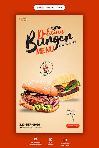 Pyszny Burger I Menu żywności Szablon Historii Na Instagramie I Facebooku