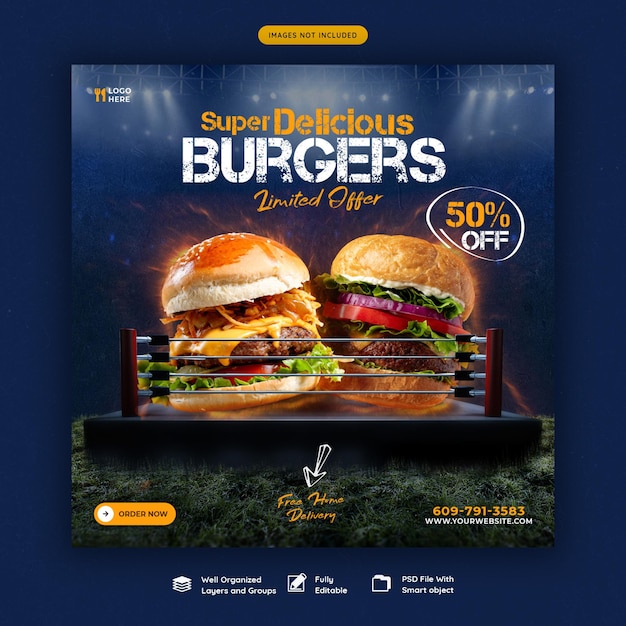 PSD pyszny burger i szablon banera mediów społecznościowych menu żywności