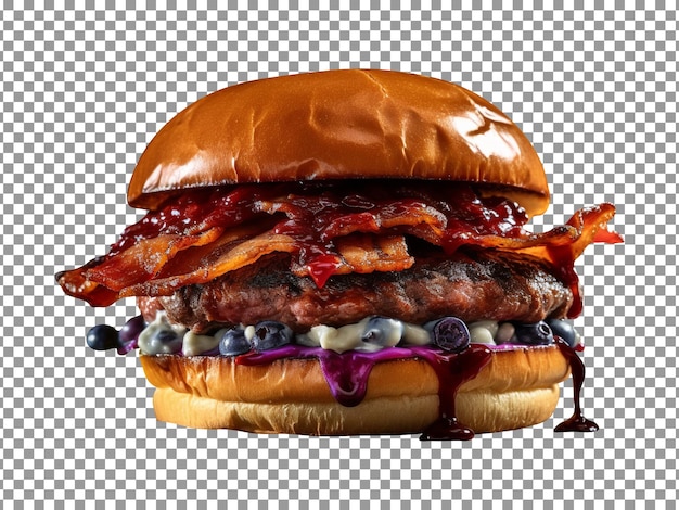 PSD pyszny burger z bekonem z jagodami na przezroczystym tle