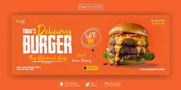 Pyszny hamburger i menu na okładce Facebooka
