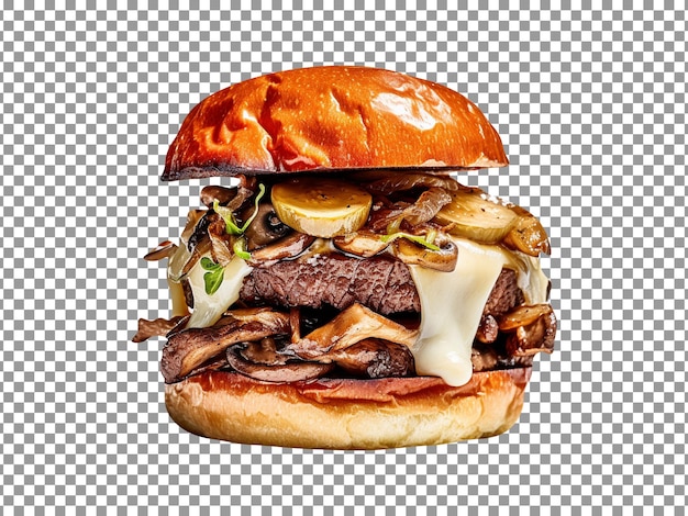PSD pyszny serowy burger z grzybami na przezroczystym tle