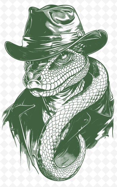 PSD python con un fedora e un'espressione misteriosa poster desi animals sketch art vector collections