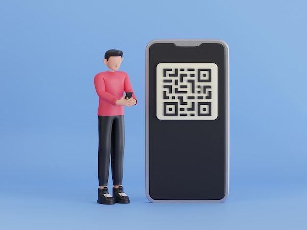 PSD qr code scanning 3d illustration man use smartphone and scan qr code for payment and everything man using phone with qr sign