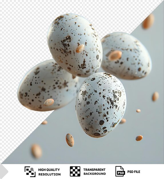 PSD quail eggs of various colors including white brown and black are scattered on a isolated background png