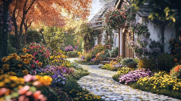 PSD a quaint cottage with a stone pathway leading to the front door surrounded by a lush garden bursting with colorful flowers