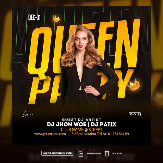 PSD modello di volantino quadrato per volantino per evento discoteca queen party