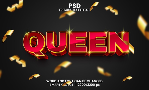 Королева красная роскошь 3d редактируемый текстовый эффект premium psd с фоном