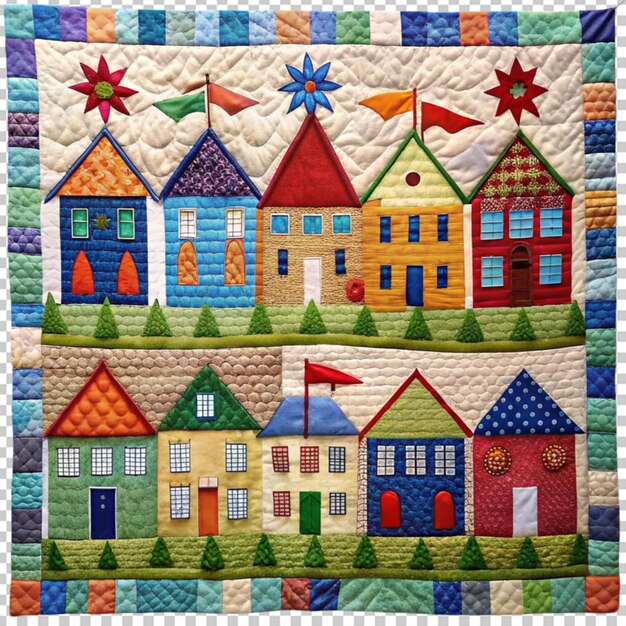 PSD quilted wall hanging with houses and flags