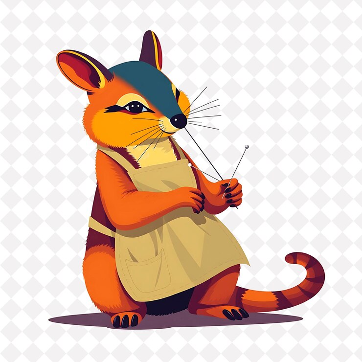 PSD quilter quokka sewing with a needle pose wearing an apron 2d vivid multicolor design flat beige bac