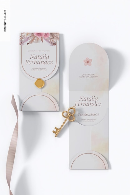 quinceañera sealed invitation cards mockup, closed and opened
