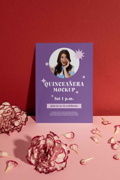 PSD quinceanera verjaardagsfeestje staande uitnodiging mock-up