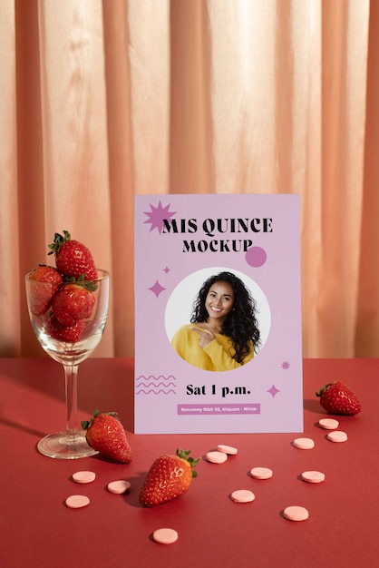 PSD quinceanera verjaardagsfeestje staande uitnodiging mock-up