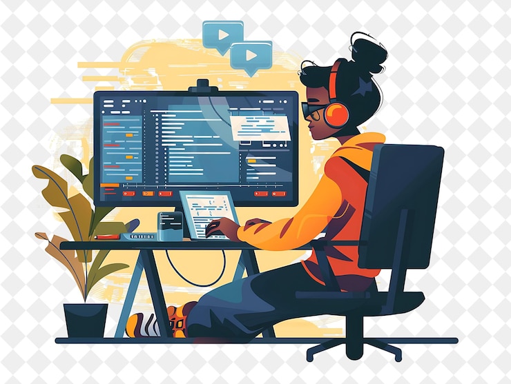 PSD quirky programmer with characters coding and debugging softw png people in daily work illustration