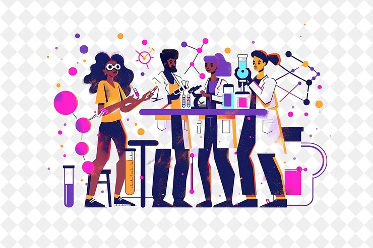 PSD quirky scientist with characters conducting experiments and png people in daily work illustration