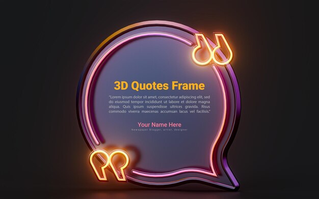 PSD quote text box with neon light dark background 3d render concept highlight text blog post