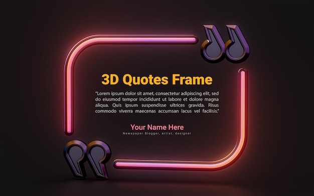 quote text box with neon light empty dark background 3d render concept for message border