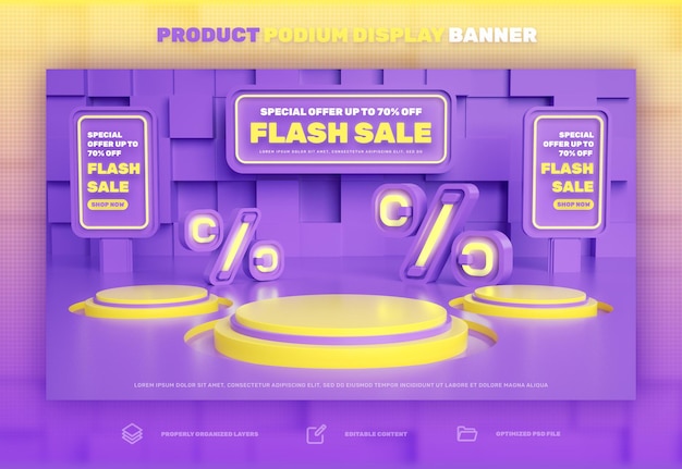 Rabat 3d wyświetlacz produktu na podium na specjalnej wyprzedaży flashowej i banerze promocyjnym super mega sprzedaży