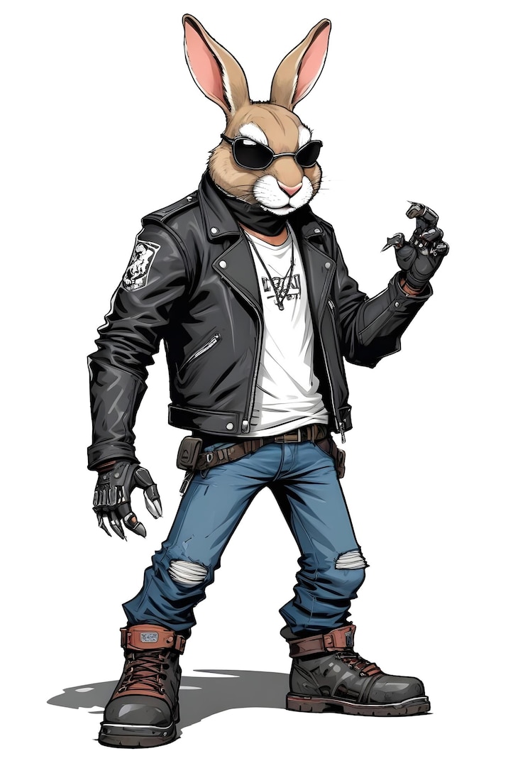 PSD rabbit biker rebel in leather jacket cool style urban street art