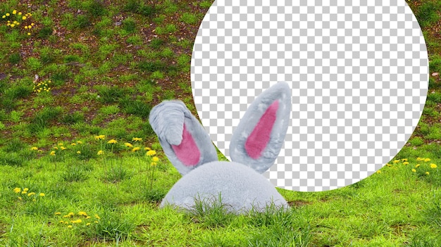 Rabbit hiding in a hole in a grassy field 3d render happy easter banner fluffy bunny ears and lawn