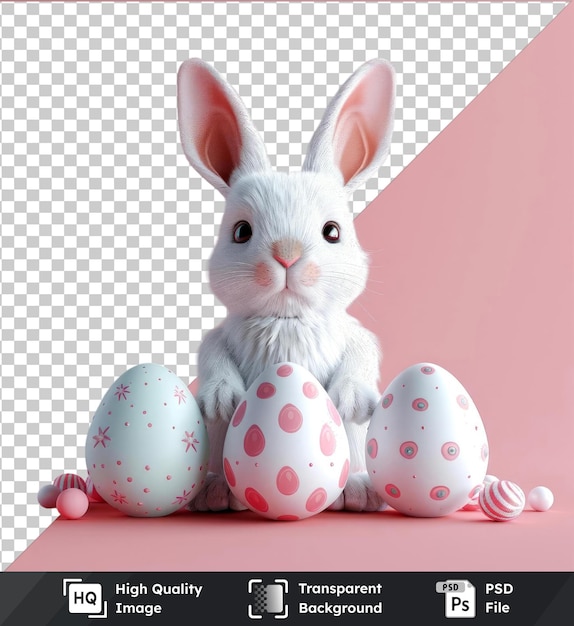 PSD a rabbit sits in front of an egg with polka dots on it