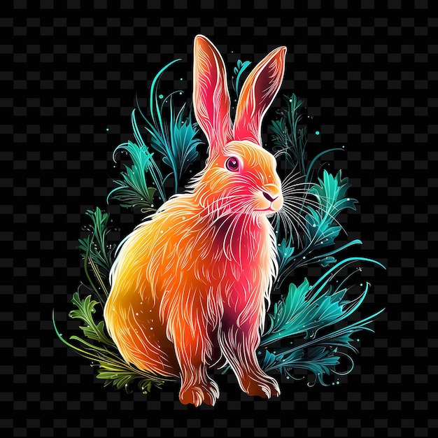 PSD rabbit springtime meadow flowing neon lines carrots long ear png y2k shapes transparent light arts (arte della luce trasparente)