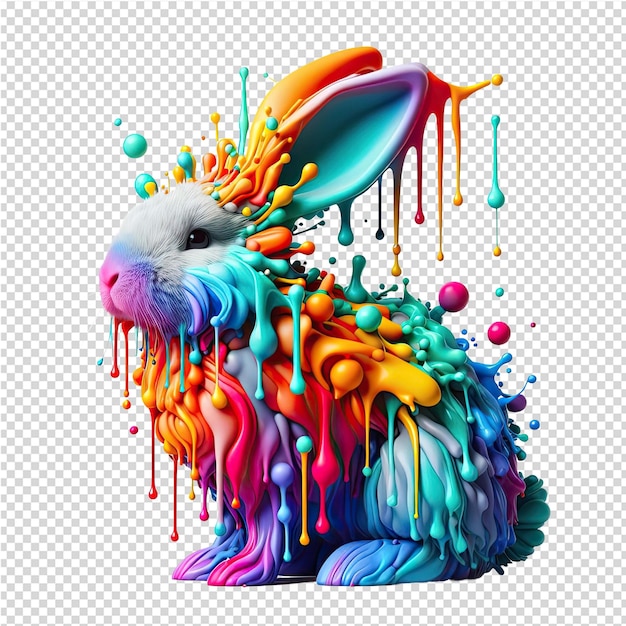 A rabbit with a blue face and orange and purple paint on it