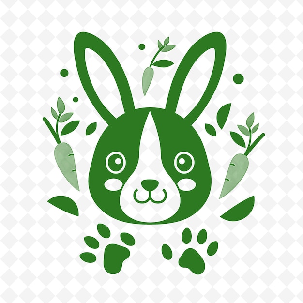 A rabbit with green leaves on its face is on a checkered background