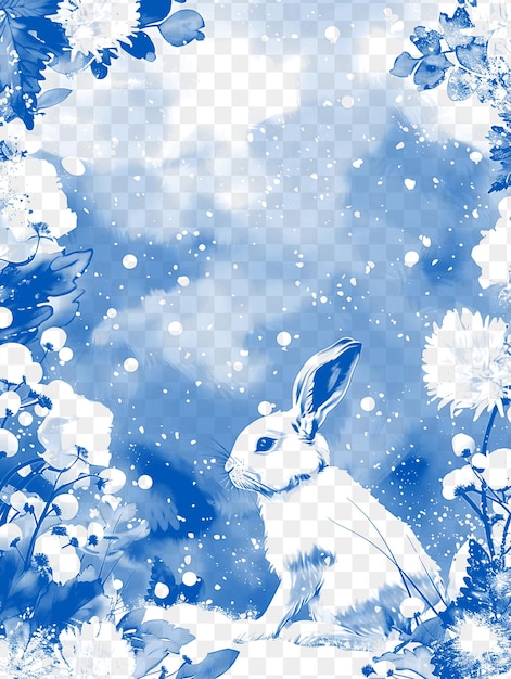 PSD a rabbit with a rabbit on its head is in a blue and white flowered background