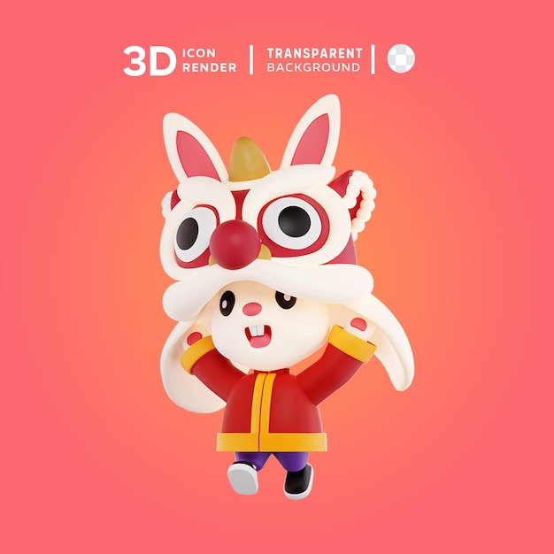 PSD ライオンダンスを踊るウサギ 3dイラスト