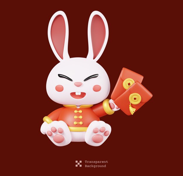 PSD rabbits in traditional clothing holding cny red envelopes isolated chinese new year icon 3drender