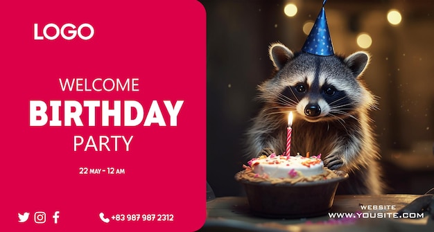 PSD a raccoon birthday party with a birthday cake on it