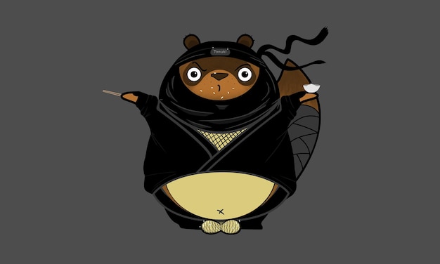 Raccoon Dog Tanuki Japanese symbol Handdrawn Cartoon style Ninja mode
