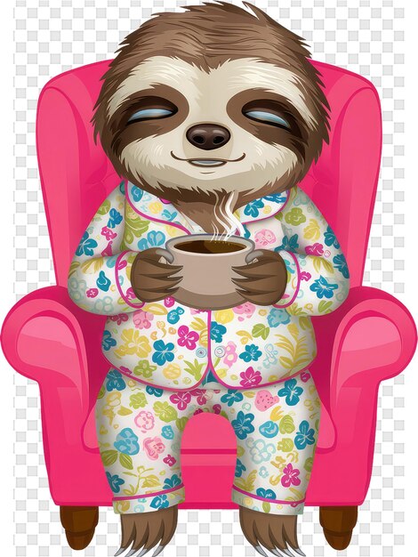 A raccoon is sleeping in a chair with a cup of coffee