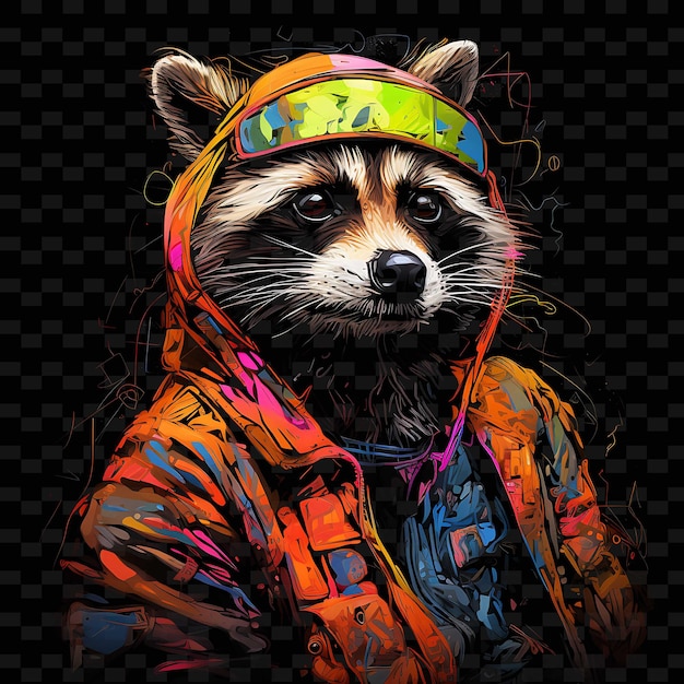 PSD raccoon urban explorer linee ondulate al neon bidoni della spazzatura png mascherati forme y2k arti luminose trasparenti