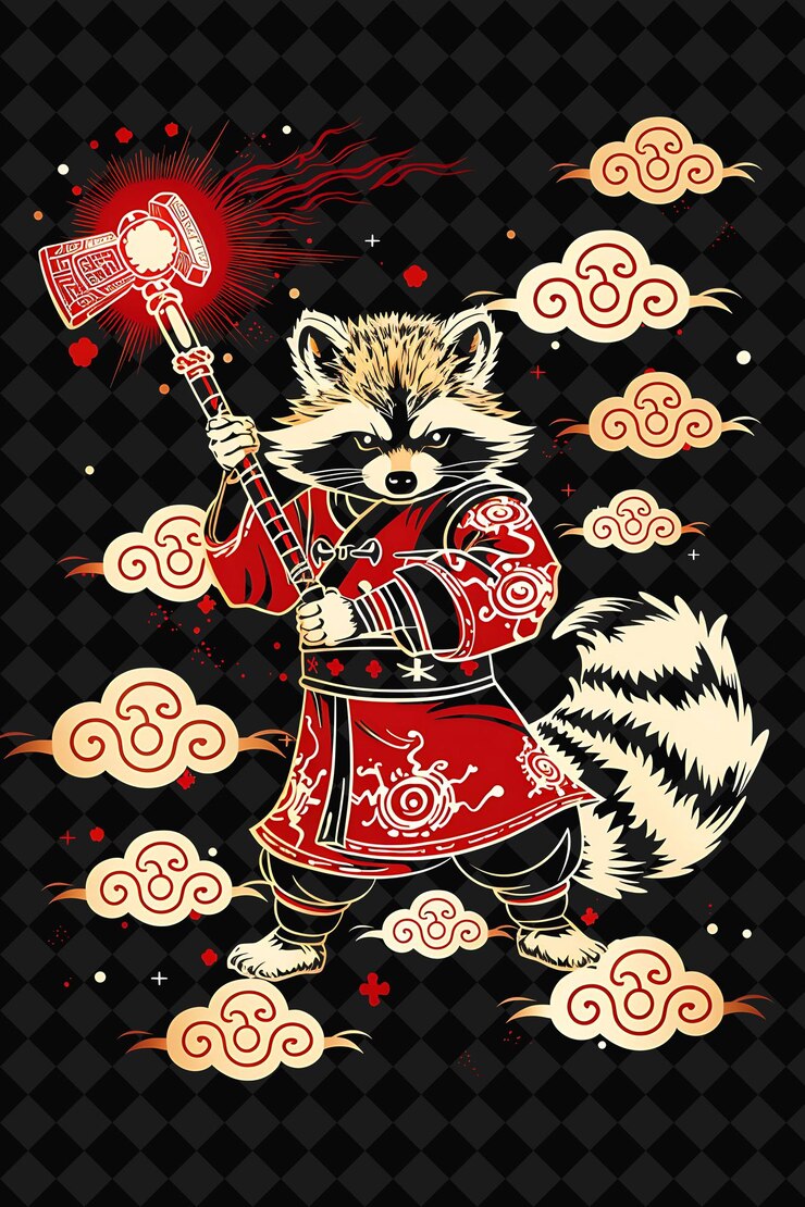 PSD a raccoon with a hammer and a stick