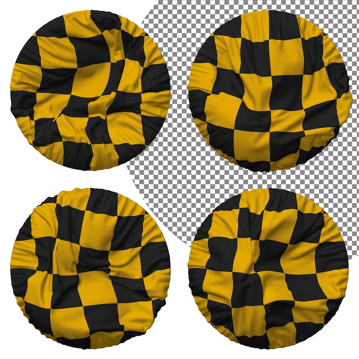 PSD racing black and yellow checkered flag round shape isolated different style bump texture 3d render