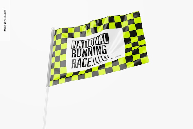 PSD racing flag mockup, low angle view