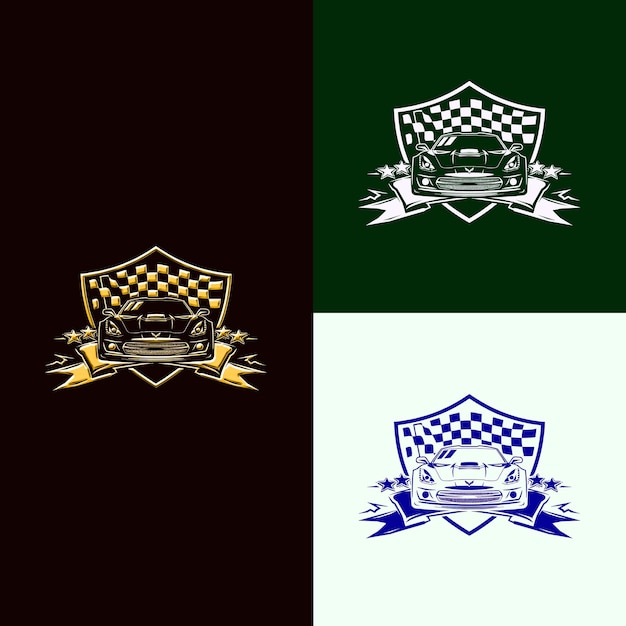 레이싱 게임 어워드 메달 로고와 체커드 발과 자동차 창의적이고 독특한 터 디자인