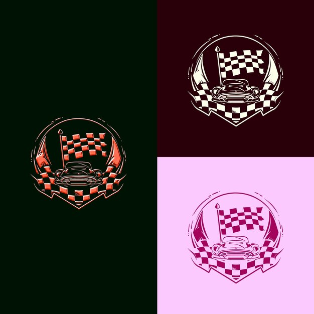 Racing game award medal logo with a checkered flag and a car creative and unique vector designs